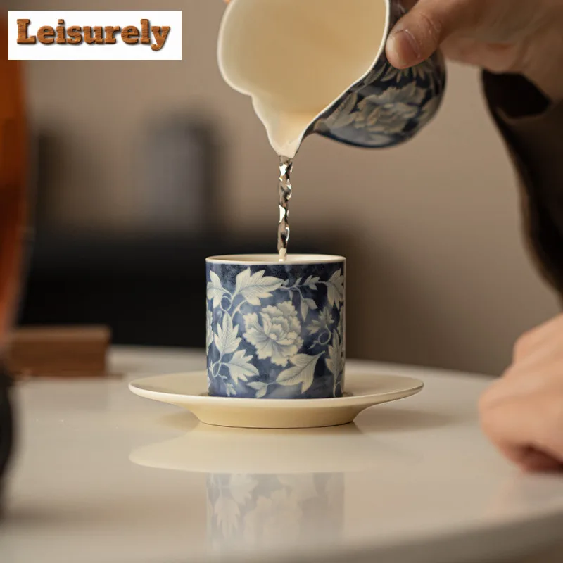 Soda Glazed Yuan Blue and White Ceramic Teacup Retro Tea Bowl Cute Cup Tea-tasting Smelling Cup Chazhan Master Cups Drinkware