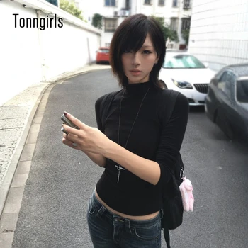 Tonngirls Y2k Japanese T-shirt Women Long Sleeve Black Half Turtleneck Tee Tops Vintage Classic Style Slim Basic Tops Streetwear 1