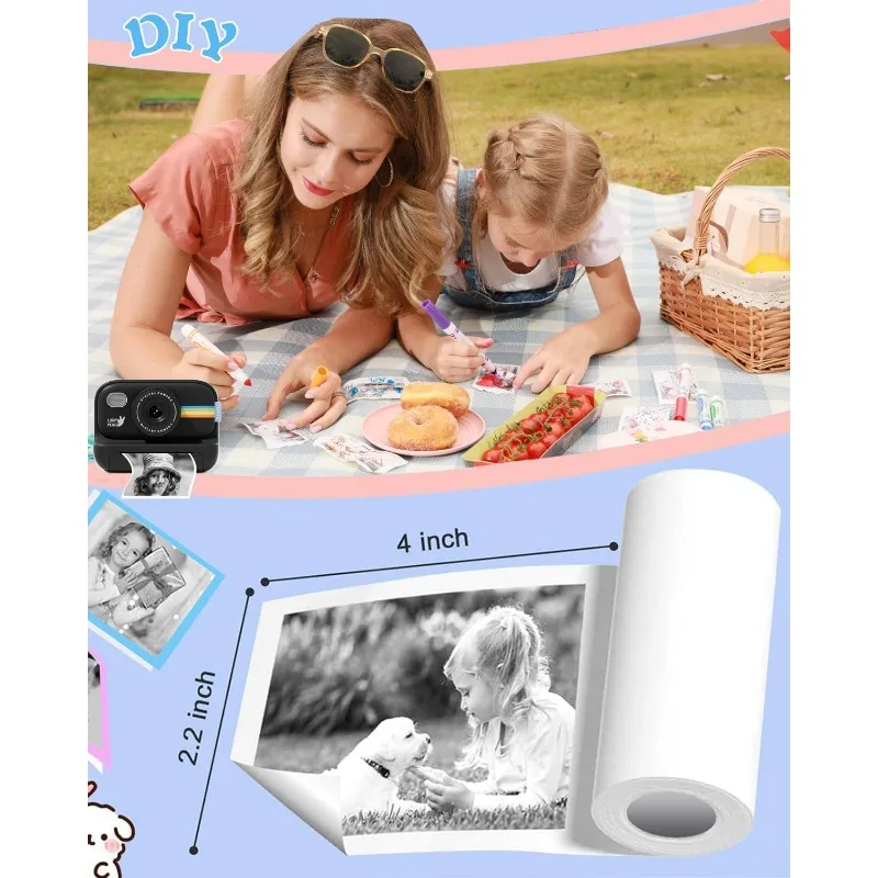 Kids Camera Paper Roll,12 Rolls for Kids Instant Camera Refill Print Paper,HD Printing Set Portable Paper Film Camera,No-Sticky