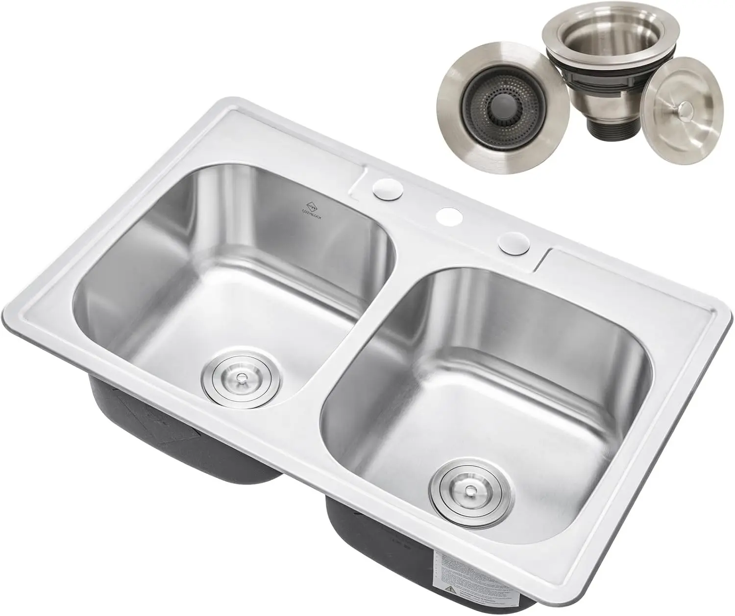 33 x 22 x 9 Inch Top mount Drop in Stainless Steel Double Bowl Kitchen Sink with Strainer 18 Gauge Stainless Steel 3 Faucet Hole 2