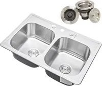 33 x 22 x 9 Inch Top mount Drop in Stainless Steel Double Bowl Kitchen Sink with Strainer 18 Gauge Stainless Steel 3 Faucet Hole 2