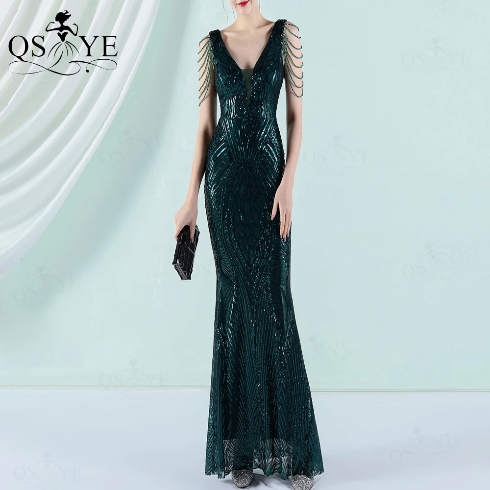 Green Sequin Prom Dresses Pattern Lace Mermaid Evening Gown Beading Straps Sleeves Open Low Back Party Gown Fitted Formal Dress green ball gown