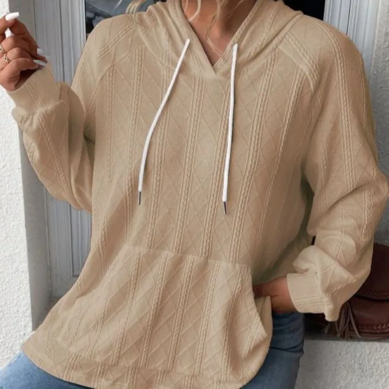 Autumn Winter New Women's Leisure Youth Collection Sweetness Style Large Loose Drawstring Hoodie Solid Color Pullover Tops