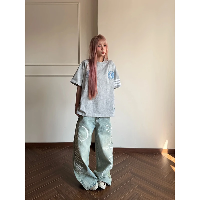 YIBASHU Women Vintage Blue Y2k Baggy Jeans Harajuku Letter Print Denim Trousers Streetwear Japanese 2000s Oversize Jeans Pants 6