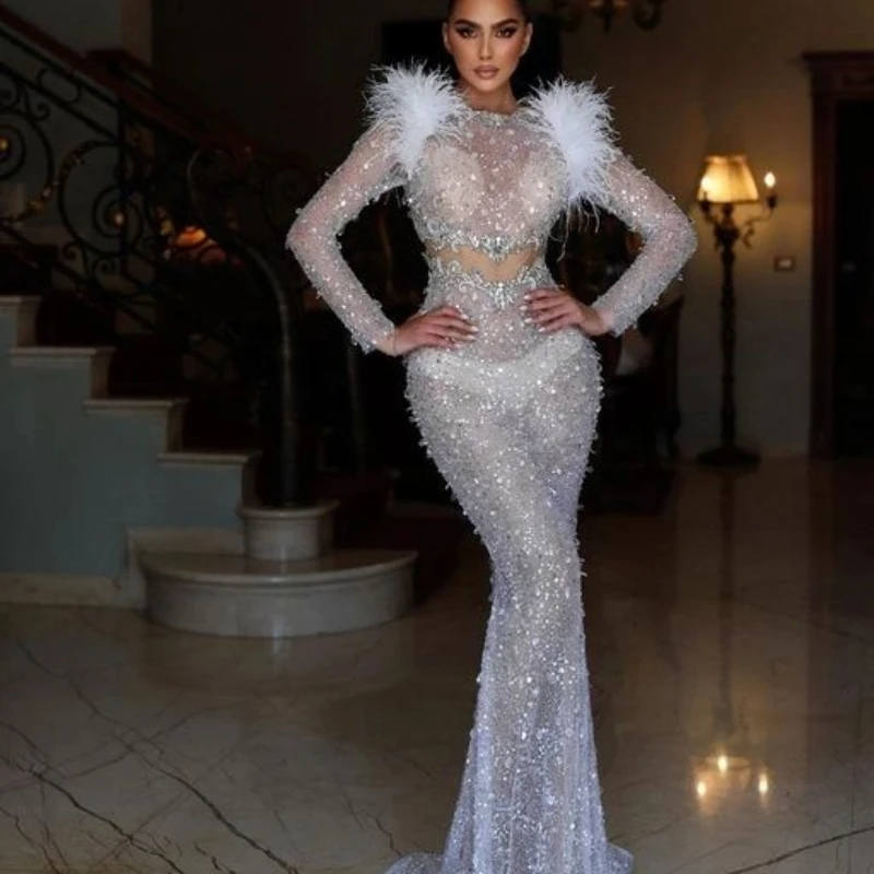 

Luxury Transparent Dubai Evening Dresses Long sleeved 2024 New Arabic Women Mermaid Wedding Party Prom Dress