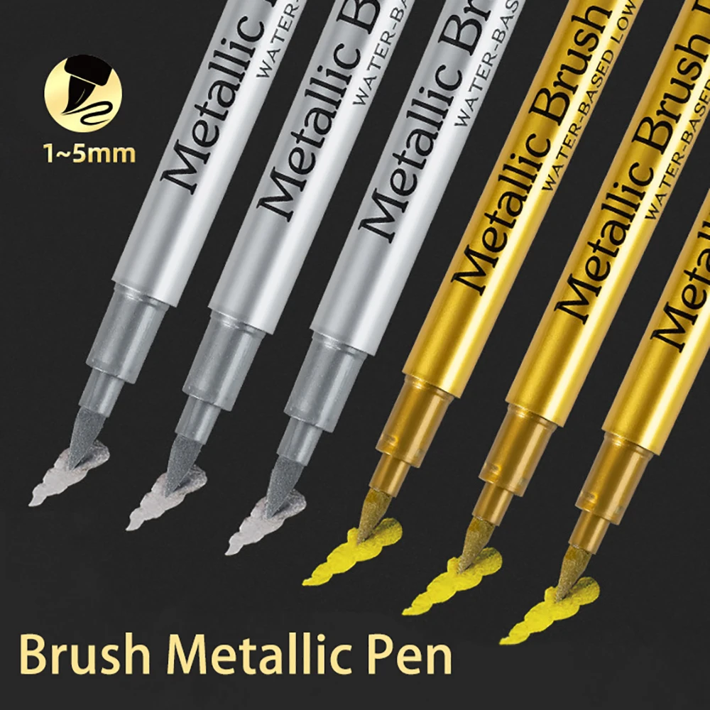 2Pcs Brush Metallic Marker Pens Set Gold Silver Permanent Art Markers Artist Illustration Crafts Scrapbooking Fabric