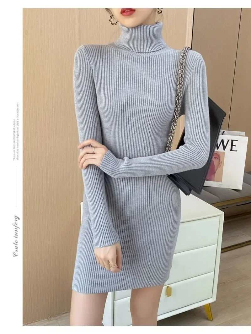 Herbst Neue Koreanische Rollkragen Gestrickte Kleid Reine Farbe Bodycon Pullover Kleid Büro Dame Pullover Lässig Elegante Strickwaren Jumper – Detail 12
