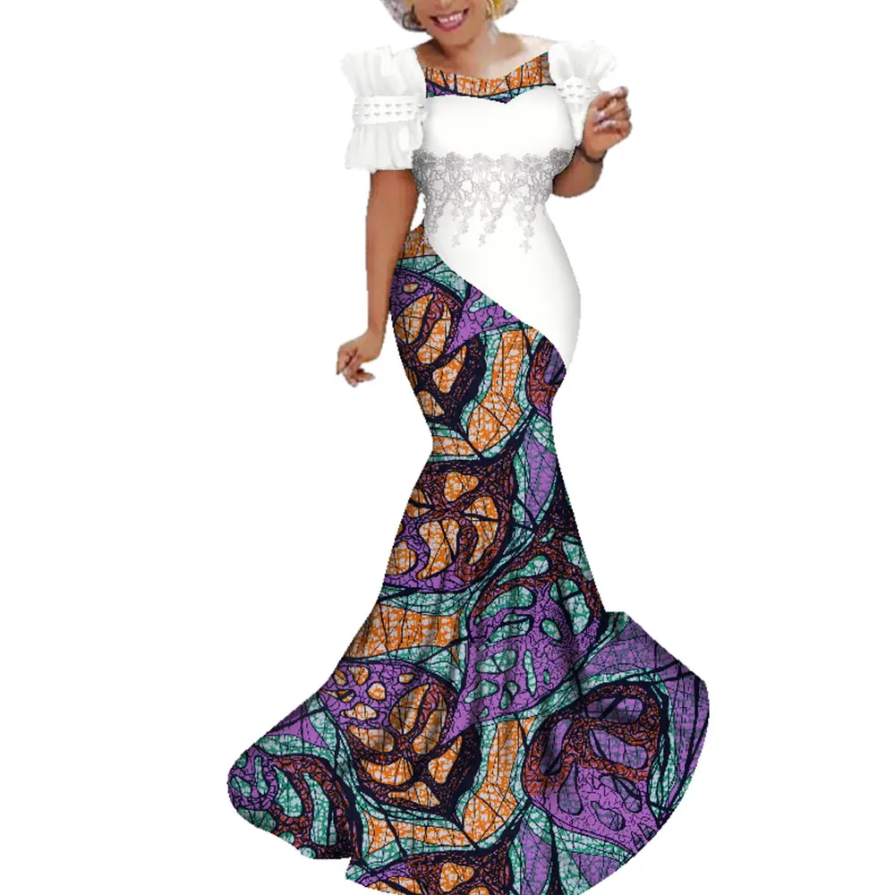 African Women Traditional Outfit Long Party Africa Print Dresses with White  Pearl Lace Flower Bazin Riche Lady Long Dress WY284 - AliExpress 200000532
