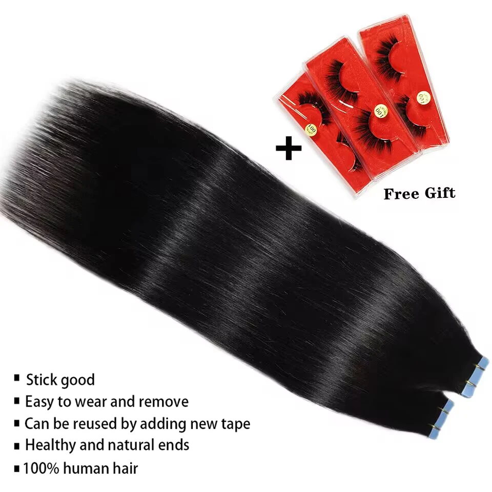 Straight Tape In Human Hair Extensions Natural Hair Extensions 1B 100% Remy Skin Weft Adhesive Glue On For Salon High Quality 2