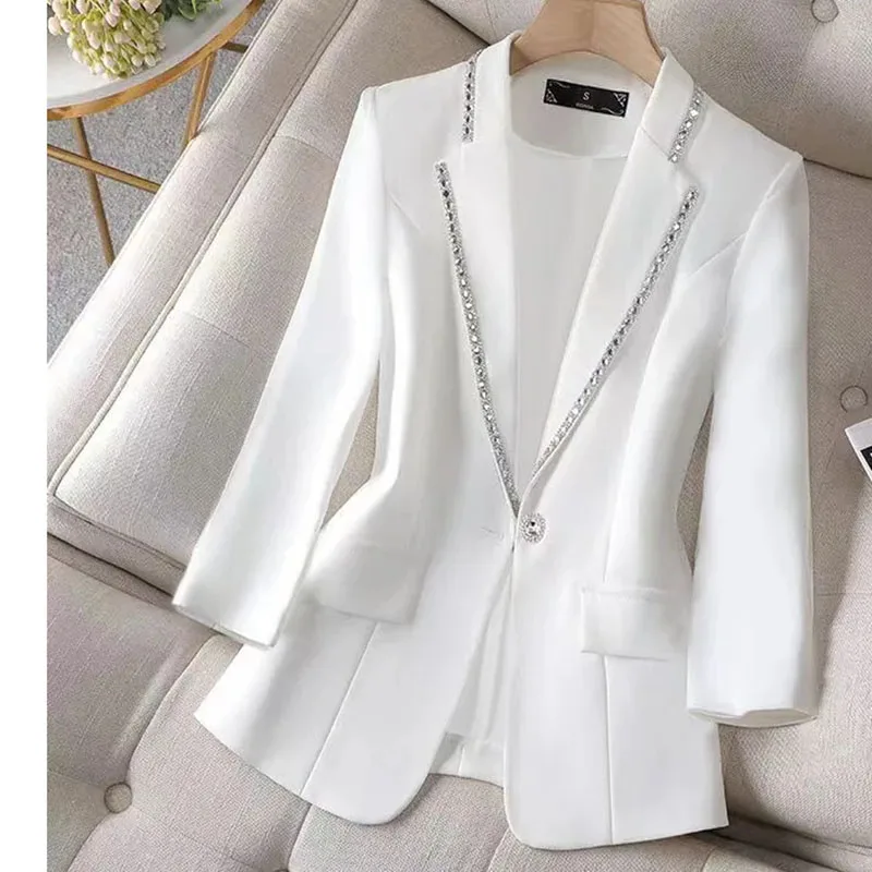 

Spring Summer Female Seven Points Sleeve Small Coat 2024 Fashion Women Leisure Diamond Inlay Suit Jacket Ladies Blazer Outwear