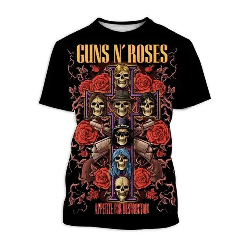

2024 Summer Hot Heavy Metal Band Guns N Roses 3D Printed Round Neck Short Sleeve Men's T-shirt Street Fashion Casual Hip Hop Top