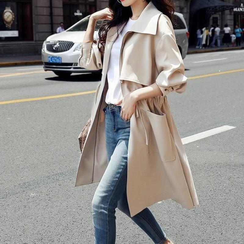 

Women Trench Long Coat 2023 Autumn New Solid Color Fashion Casual Ladies Windbreaker Korean British Style Trench Coats Outerwear