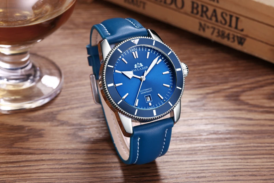 Men automatic watches Automatic self wind mechanical net stainless steel leather strap 46mm ocean watch