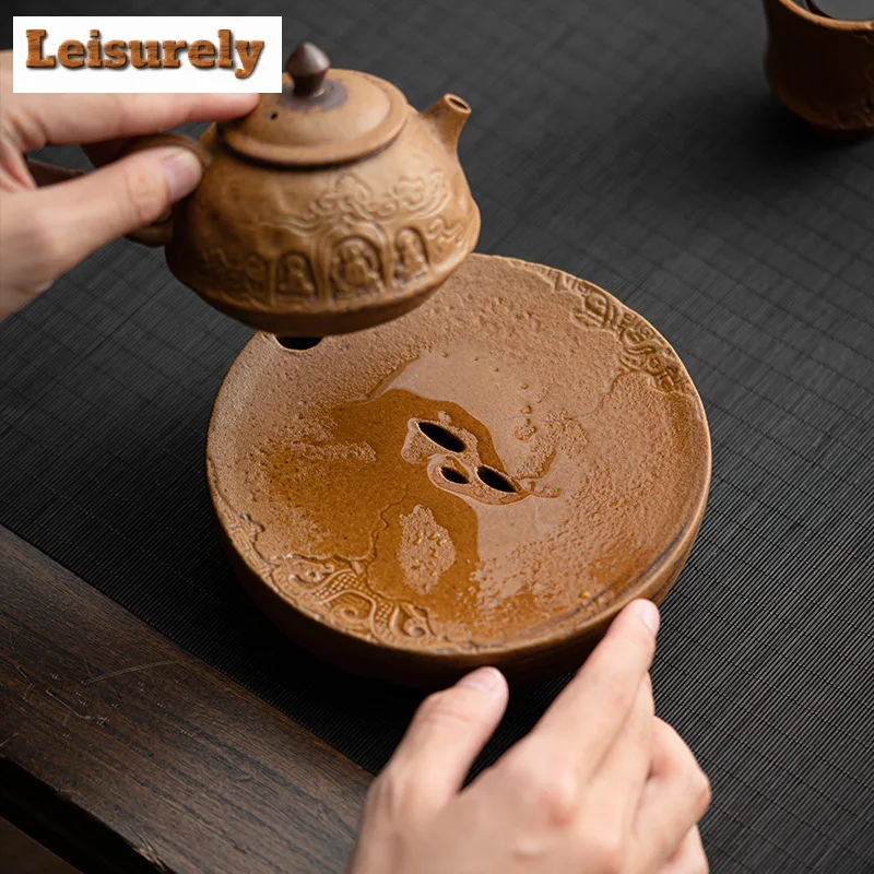 Sauce Glazed Rough Pottery Dry Brewing Table Old Rock Clay Tea Tray Dragon Pattern Zisha Pot Holder Household Fruit Snack Plate