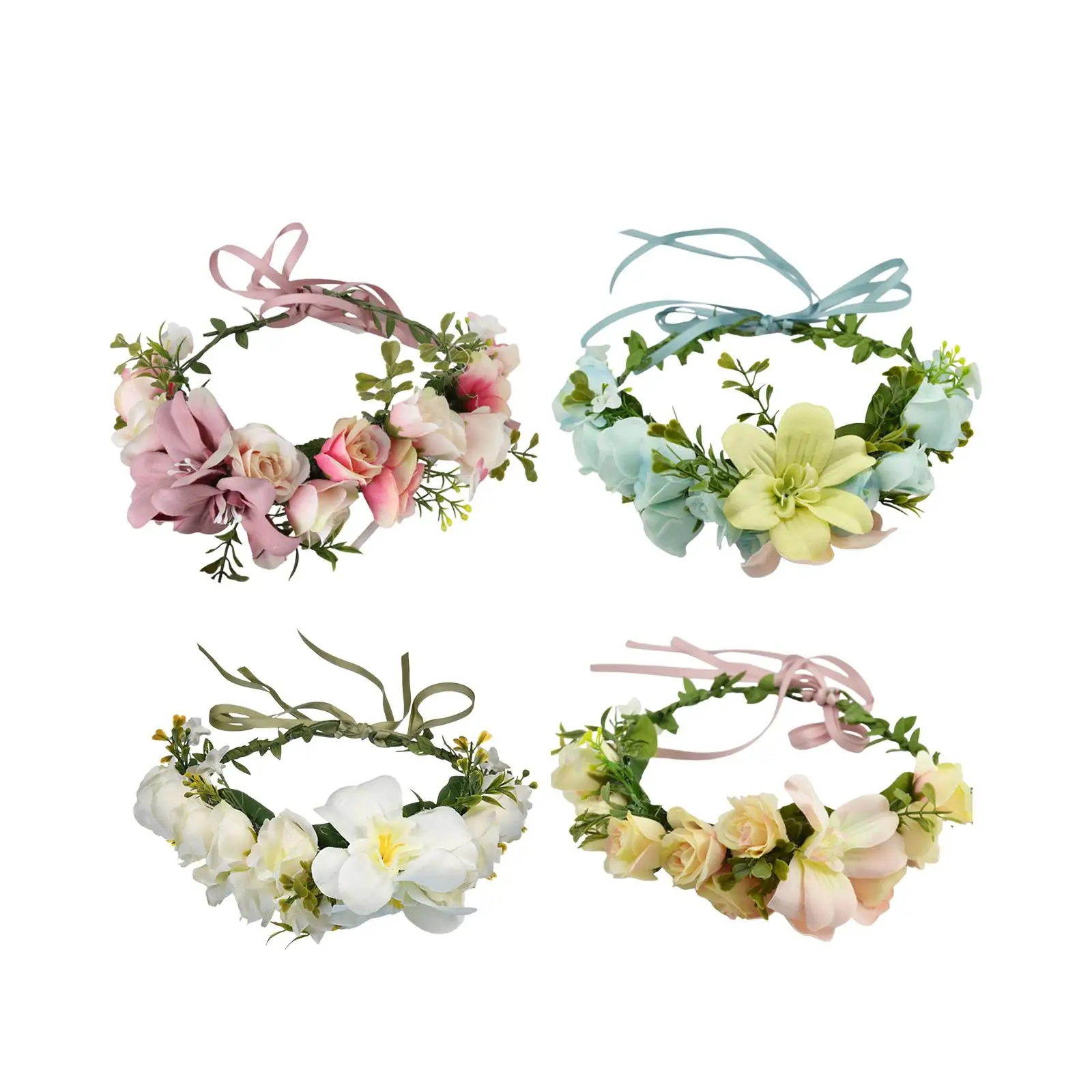 

Floral Crown Bridal Headpiece with Ribbon Headdress Women Flower Headband for Photography Props Party Festival Vacation Wedding