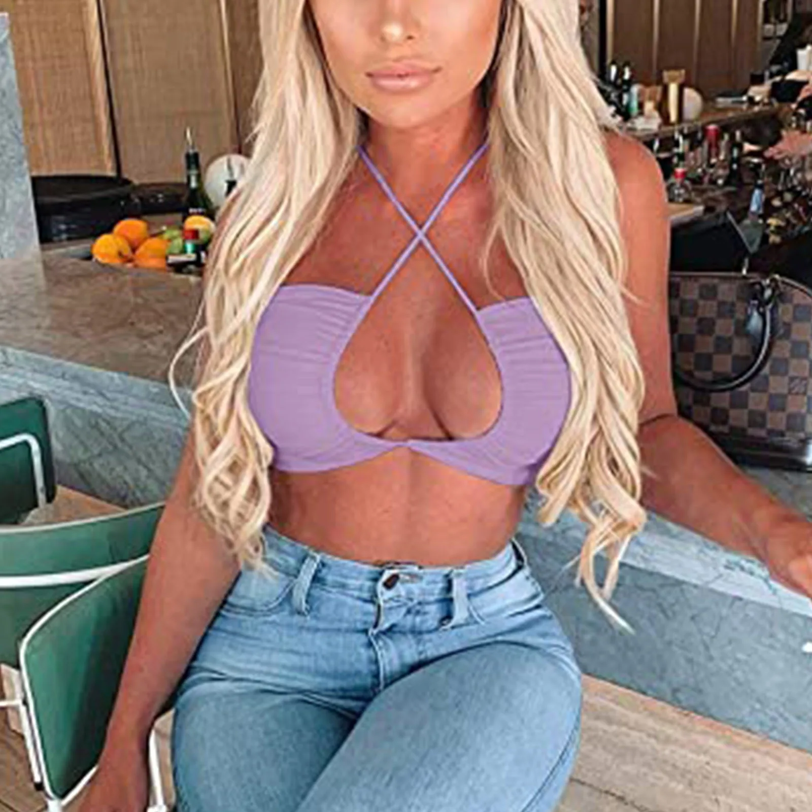 

Sexy Crisscross Tank Tops For Women Hollow Out Halter Party Basic Crop Top Summer Bare Midriff Ladies Vest