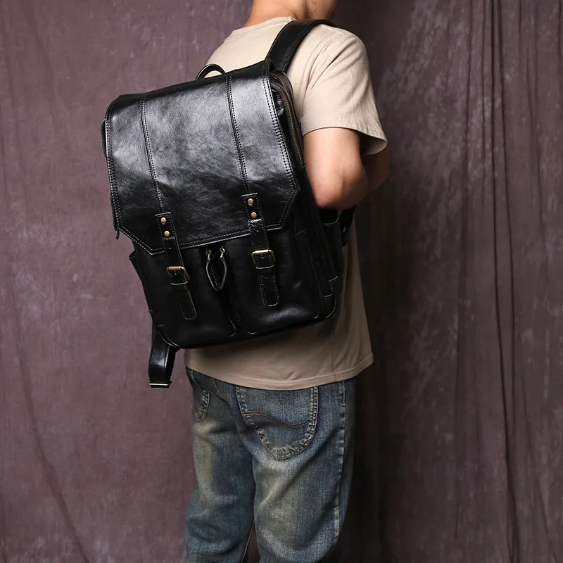 Tree Cream Cowhide Men's Backpack With Large Capacity Fashionable And Casual Top Layer Cowhide Zipper Computer Bag
