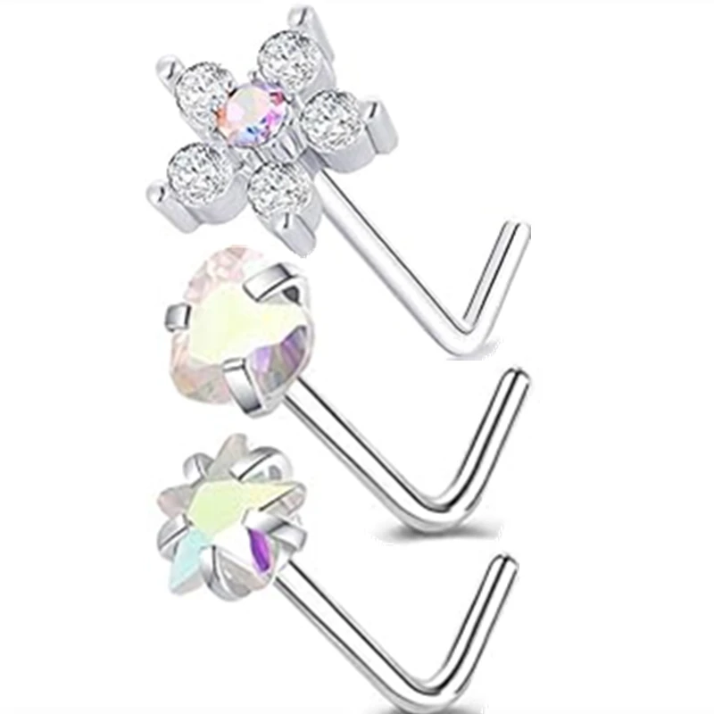 3PC Stainless Steel Nose Piercing Stud Set L Shape Pink
