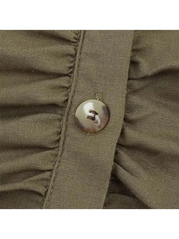 TFMLN 2025 Chic Women's Solid Folds Dresses Fashion Lapel Short Sleeve Single Breasted Slim Causal Dress Retro Side Zipper Dress