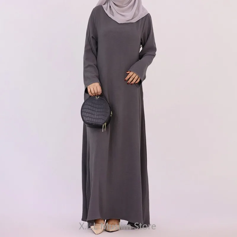 Muslim Women Long Dresses Solid Color Dubai Turkey Kaftan Islamic Dresses Eid Ramadan Abaya Loose Inner Dress With Pockets 2024