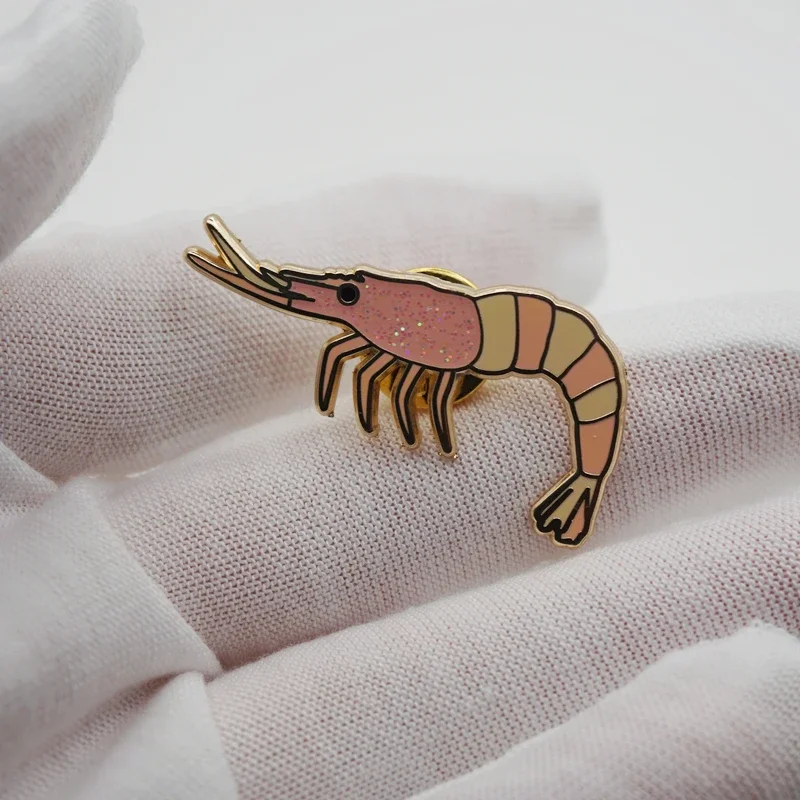 Novelty Glitter Shrimp Hard Enamel Pins Animal Lapel Pins Badge Brooch for Jewelry Accessory Wholesale