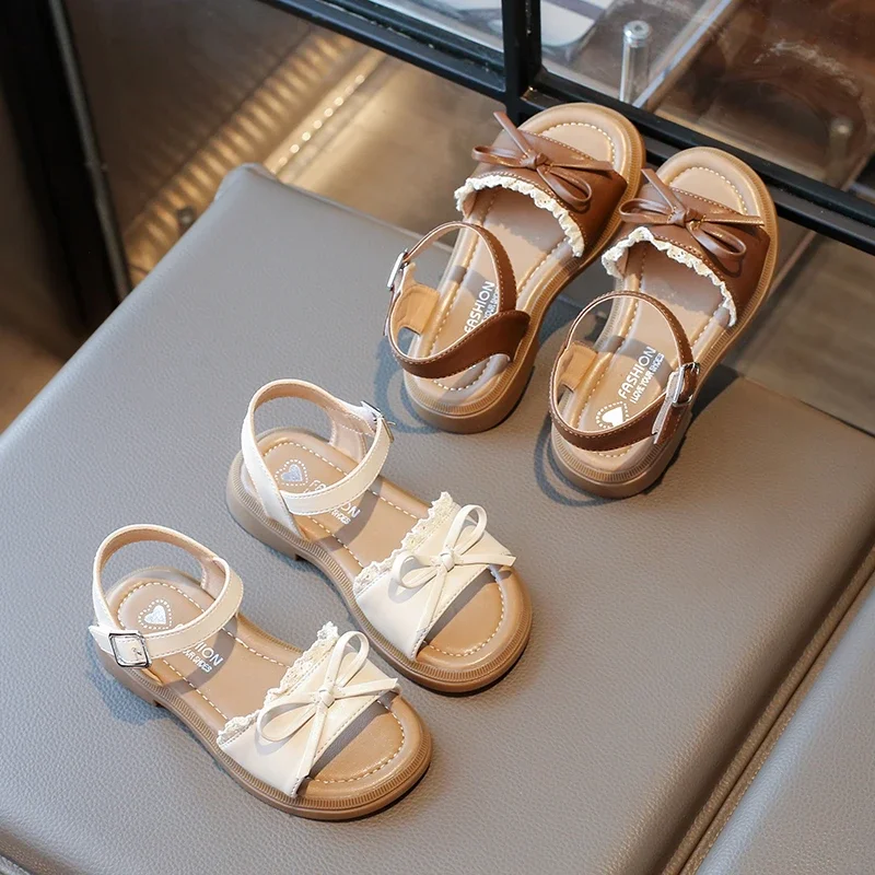 Girl's Summer Sandals Ruffles Matte Pu Leather Daily Kids Sliders Flat Stylish Open Toe Anti-slip Sweet Children Shoes 26-36 2