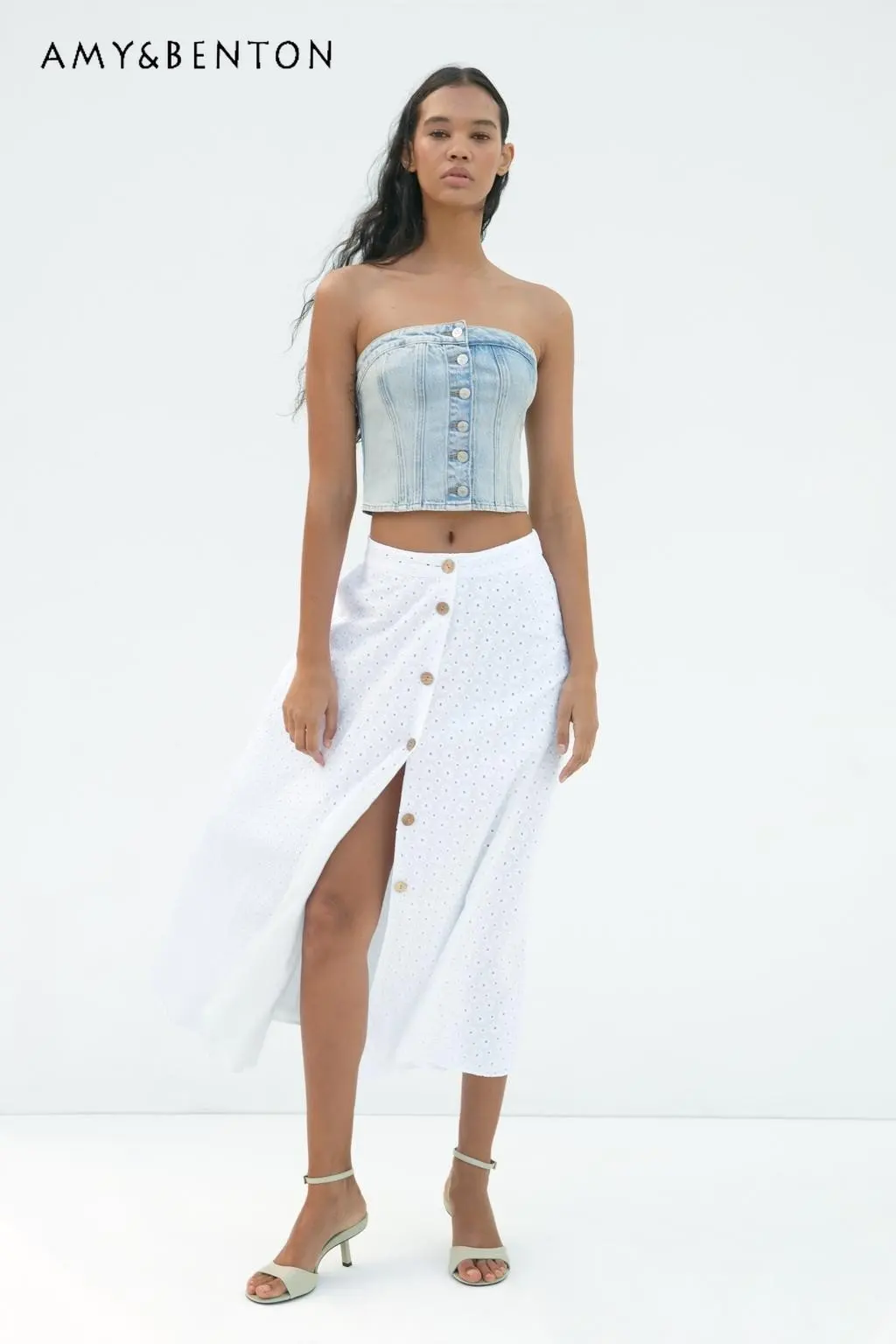 

New Women's High Waist A- Line Umbrella Long Skirt Summer White Single Breasted Hollow Embroidered Female Mid-length Skirt