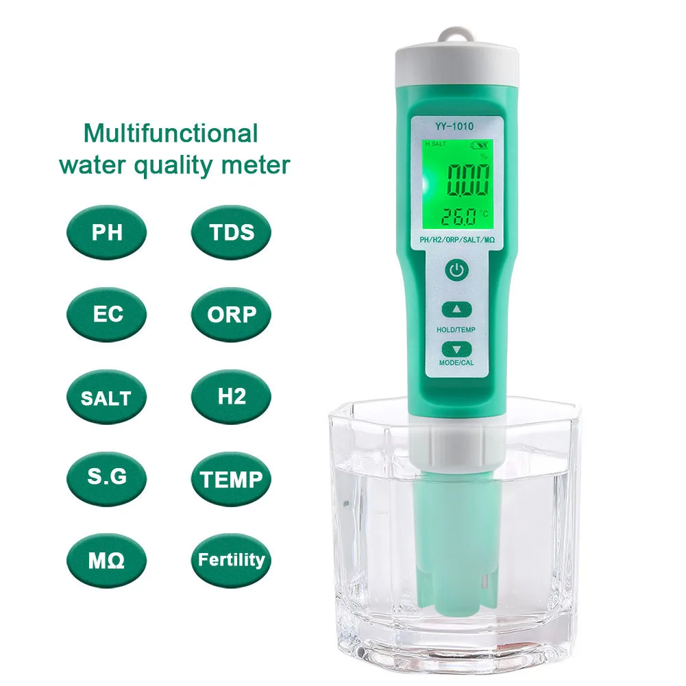 

10 In 1 PH/EC/TDS/ORP/H2/Fertility/Salinity/S.G./Resistance/Temperature Water Quality Meter Digital Multi Tester For Aquariums