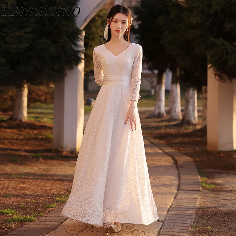 

Kimutomo Hook Flower Lace Dress Simple Design Long-sleeve V Neck Evening Dresses French Style Elegant Dress for Wedding Party