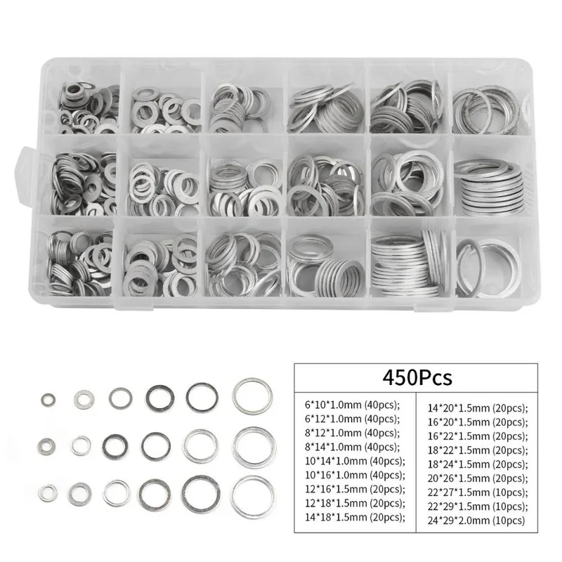 뜨거운 판매 200/280/450Pcs 알루미늄 플랫 가스켓 와셔 모듬 가스켓 금속 씰링 와셔 모듬 알루미늄 씰링 링