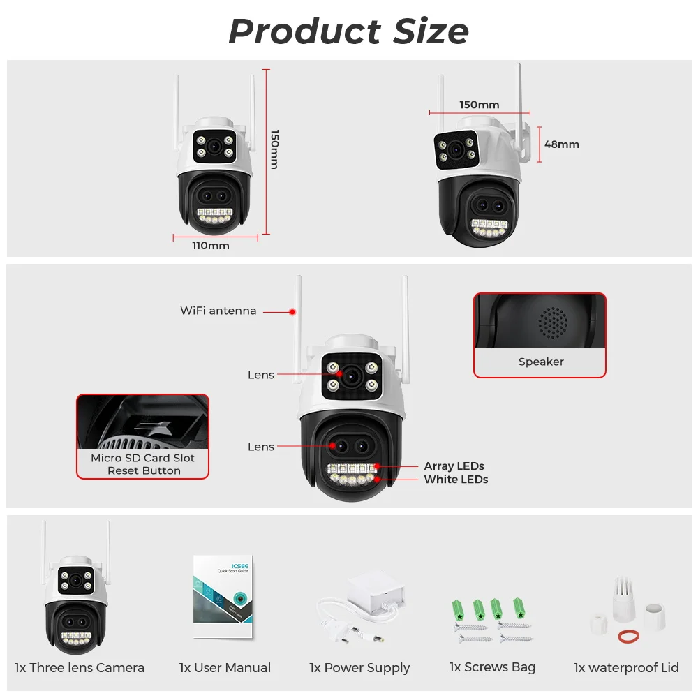 12MP 6K PTZ Wifi Camera Dual Lens 8X Digital Zoom AI Human Detection Outdoor 8MP
