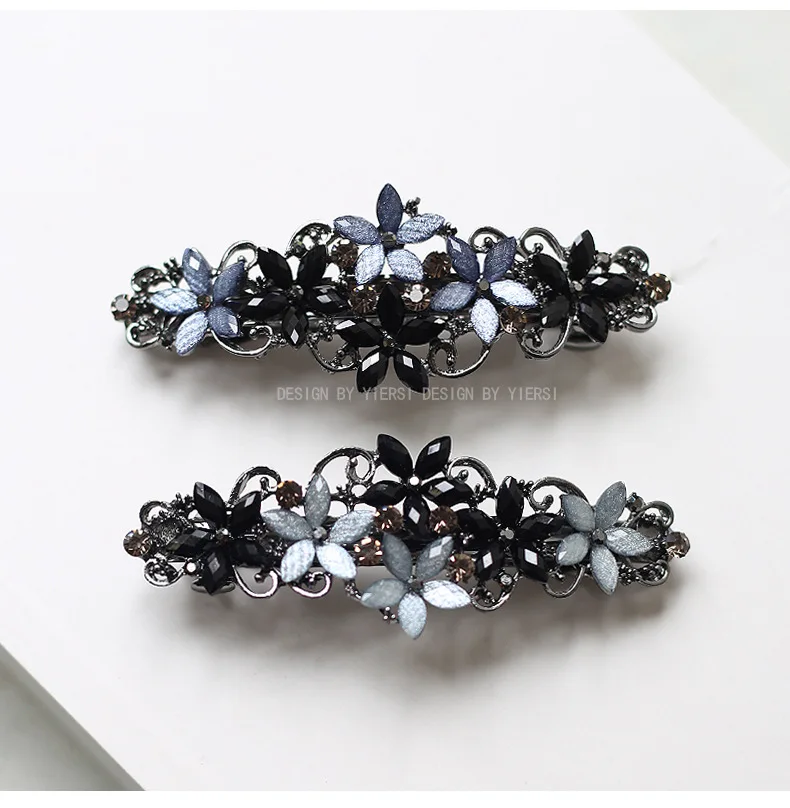 Elegant Floral Hair Clip Alloy Spring Clasp with Rhinestones Minimalist Ponytail Holder for Back Head Women Hairpin