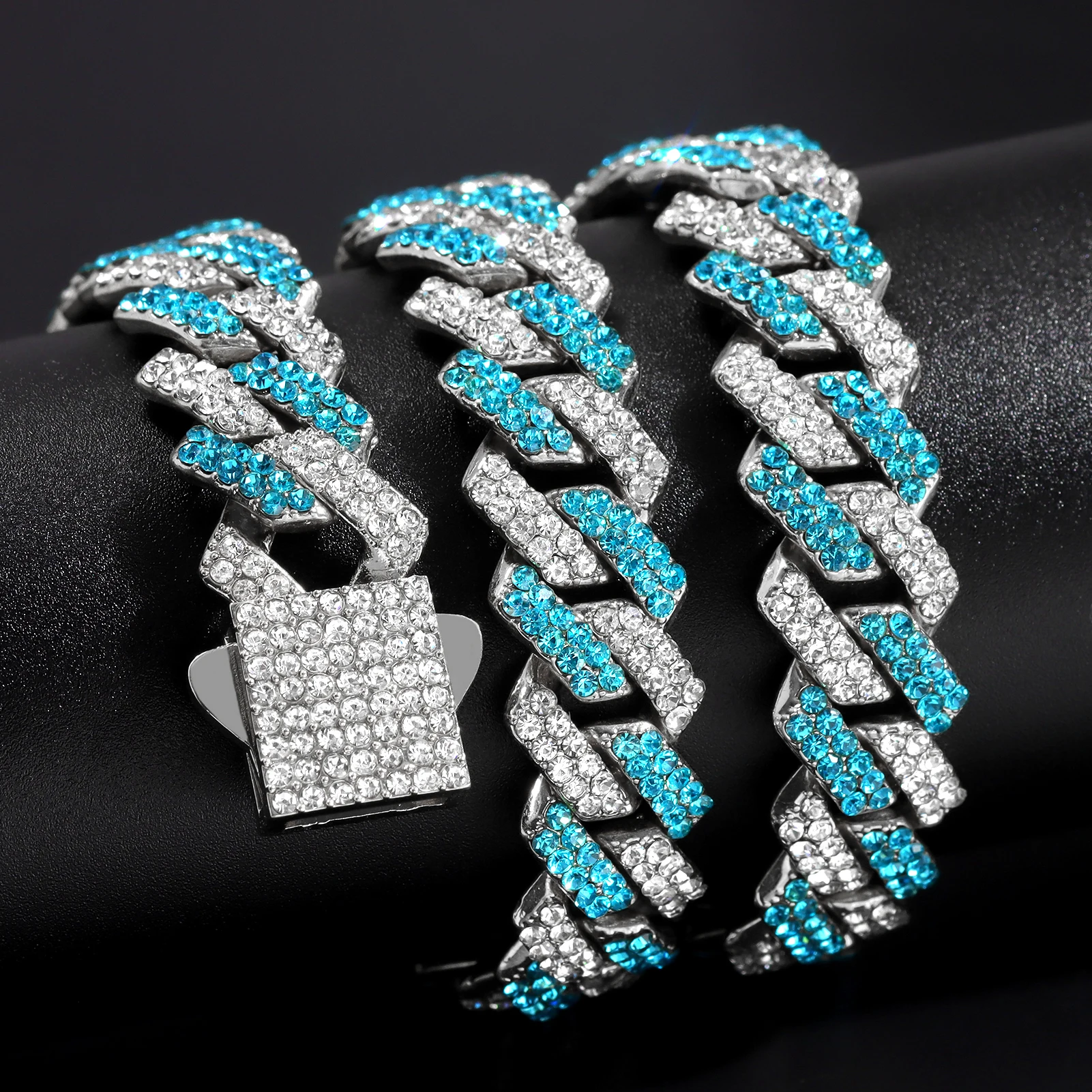 HipHop 14mm blau Raute kubanische Glieder kette Halskette für Männer Frauen bling Feder verschluss kubanische Kette Halskette Armband Set Schmuck – Detail 11