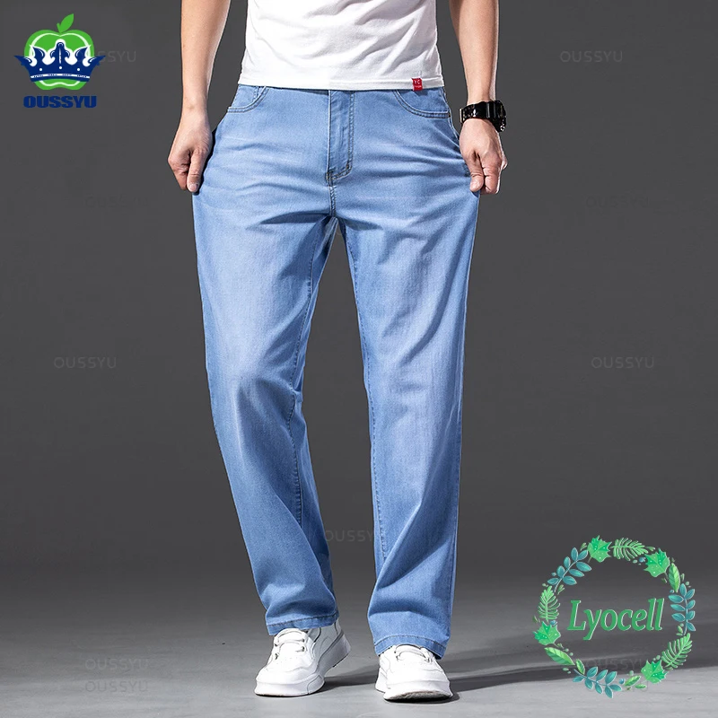 Men Jeans Denim Trousers Lyocell Pants Classic Summer Straight Stretch Plus Size 40 42 44 46