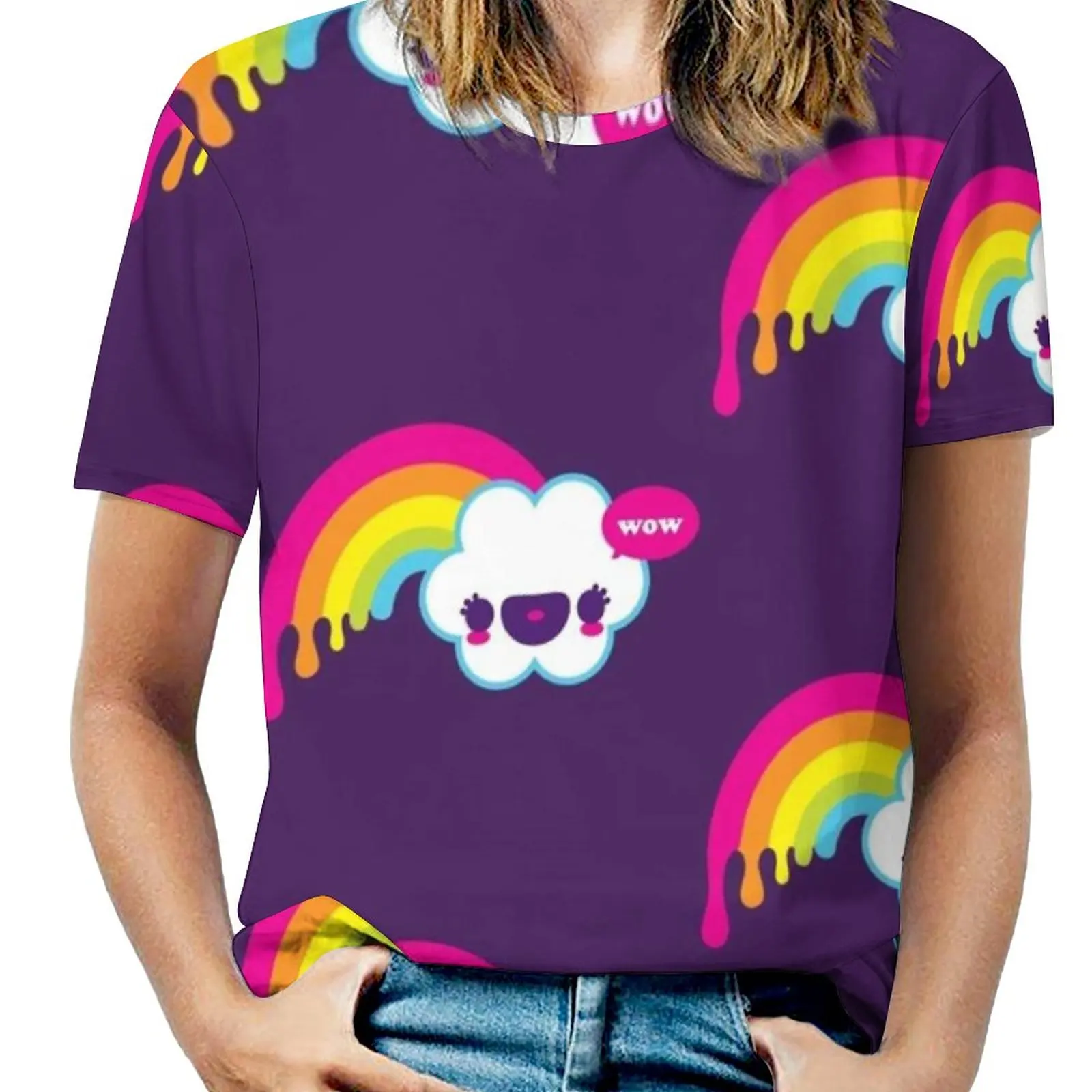 T-Shirt Wow Rainbow Fashion Print Donna Ladies Girls Harajuku Girocollo Manica Corta Top E T-Shirt Wow Rainbow Colors Kawaii