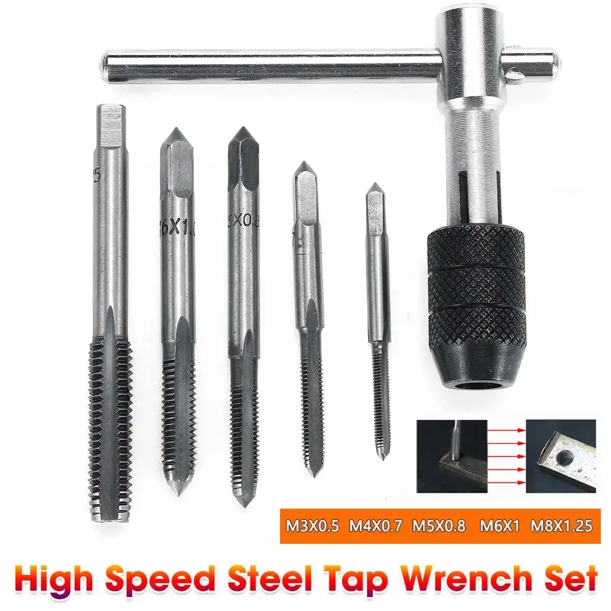 

Adjustable 3-8mm Hand Tool T-Handle Ratchet Tap Wrench Set with M3-M8 Machine Screw Thread Metric Plug Tap Machinist Tool