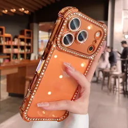 Elegant Crystal Diamond Camera Protector with Enhanced Airbag Cushioning - Transparent Soft Case - iPhone 15 (Orange)