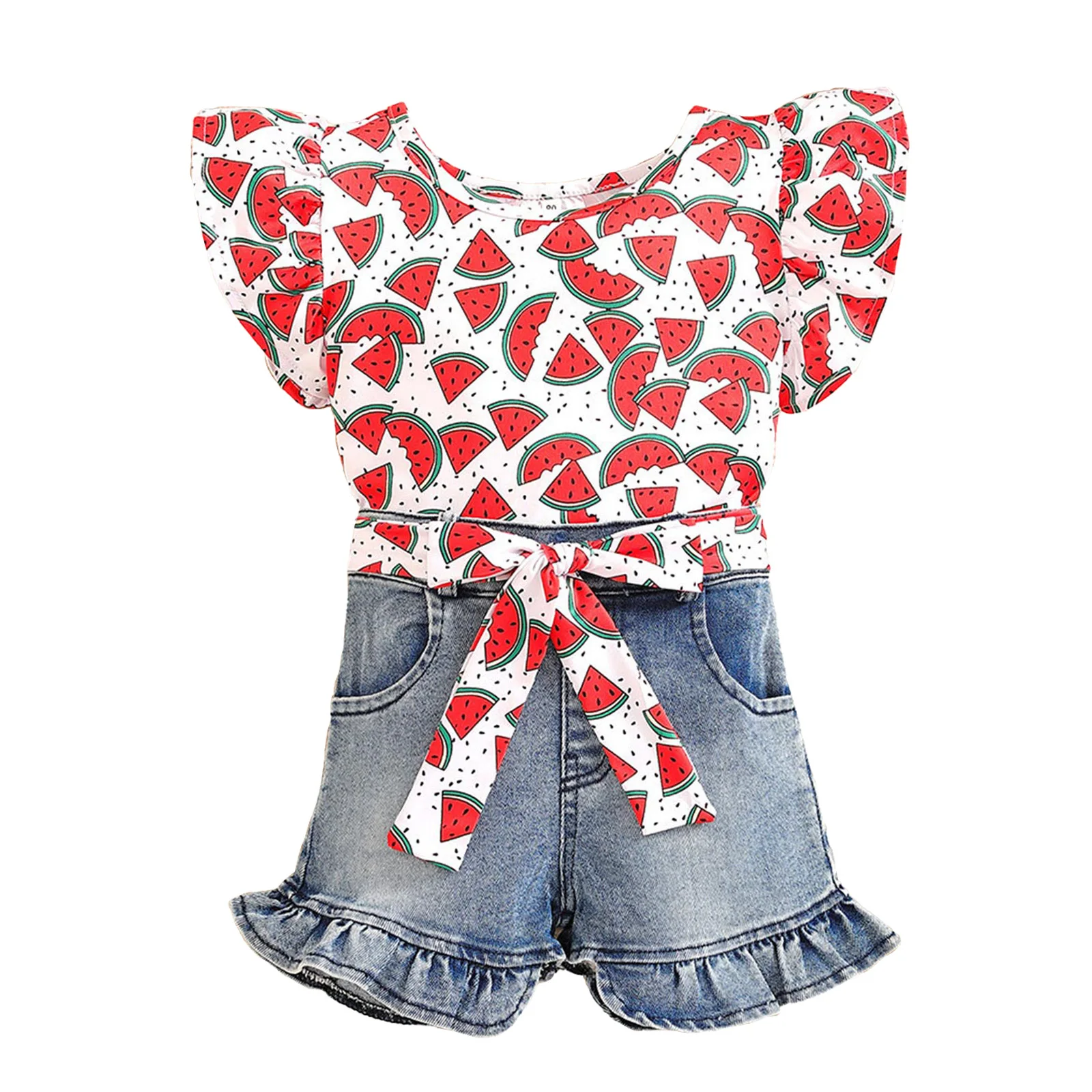 

Toddler Baby Girls Summer Outfits Flamingo Fruits Print T-shirt with Ruffle Denim Shorts Waistband Kids Holiday Travel Clothes