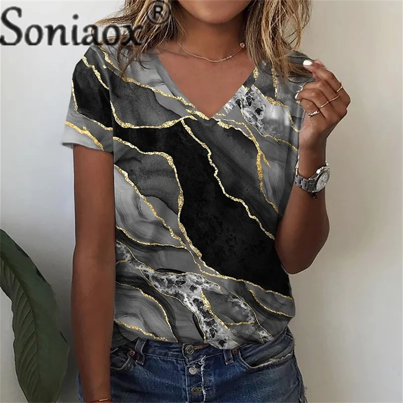 

Vintage Marble Print T-Shirt Women Ethnic Style Loose Casual Tops V Neck Pullover Short Sleeve Tees 2023 Summer Versatile Basic