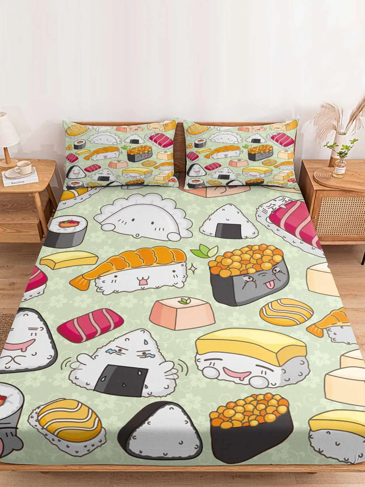 

Sushi Cartoon Gourmet Queen Size Bed Mattress Fitted sheet Elastic Rubber Band Non-slip Bed Sheet Pillowcase Set