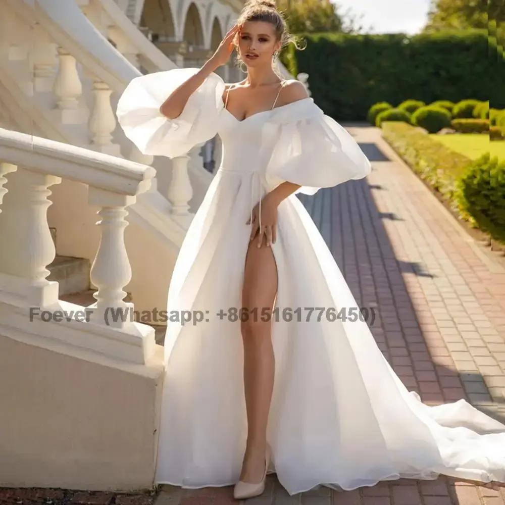 

2024 Simple Satin Wedding Dress Sexy V-Neck A-Line Puffy Sleeves Side Split Spaghetti Straps Open Back Bridal Gown Custom Made