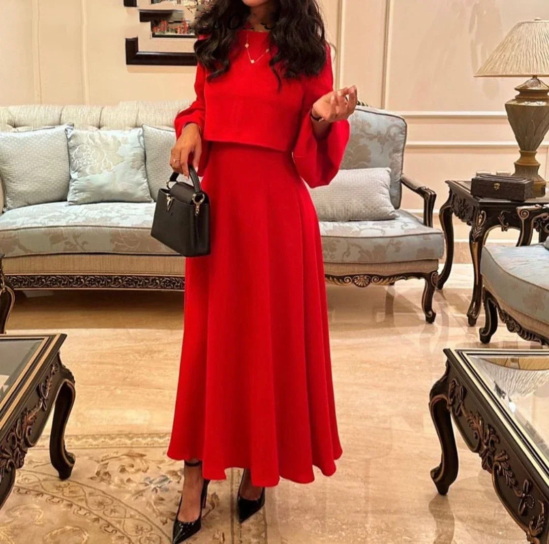 Elegant Two Pieces Red Prom Dresses O-Neck Long Sleeves Evening Gowns Ankle Length Formal Occasion Party Dresses women prom dresses