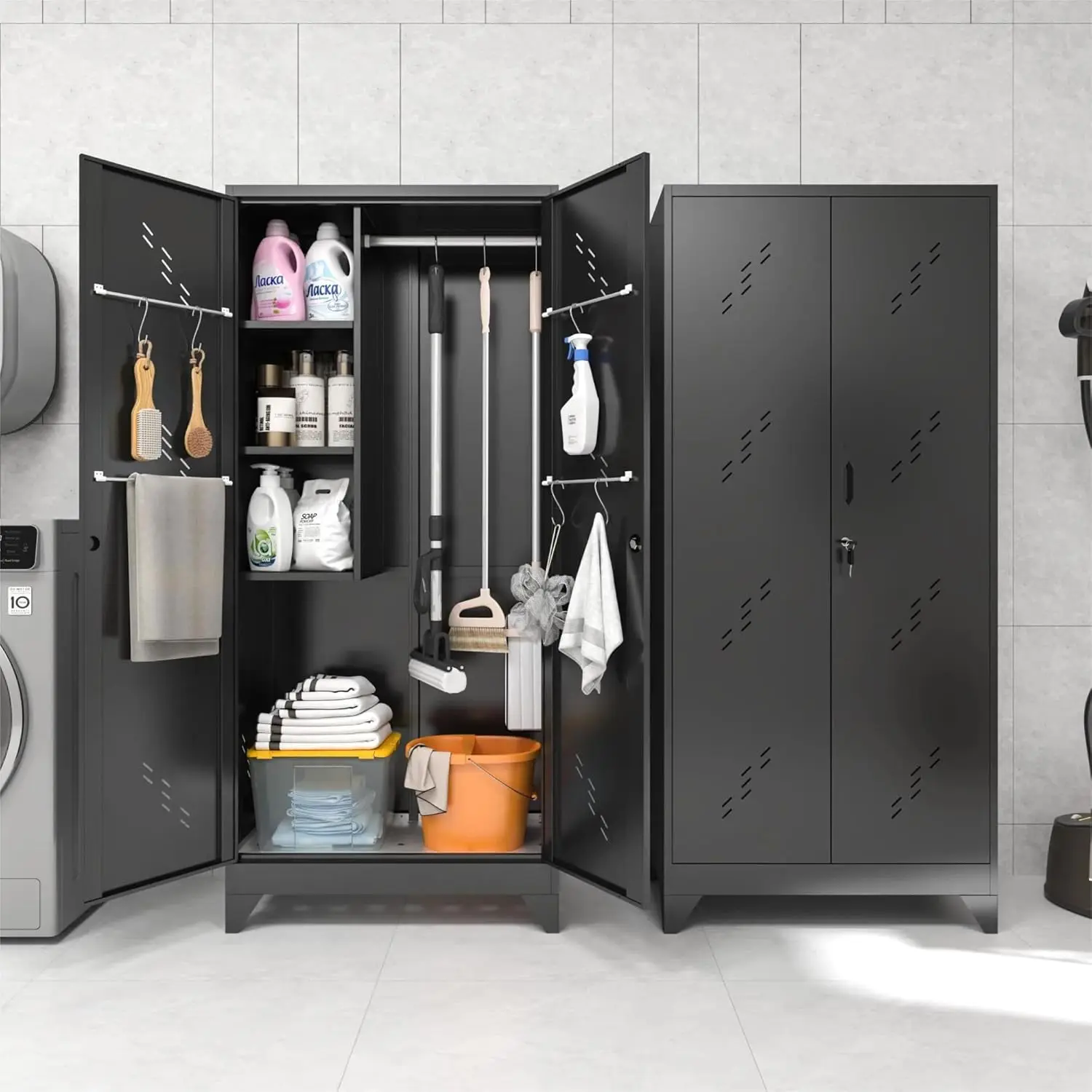 Storage Cabinet with Lockable Doors, Functional Garage Storage Cabinet, Tool Cabinet Garage Organization Cabinet with Hanging Ro 2