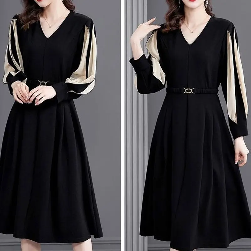 Office Lady Solid Color Patchwork Midi Dress Elegant V-Neck All-match Spring Autumn Sashes A-Line Waist Women's Pleated Dresses 6