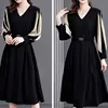 Office Lady Solid Color Patchwork Midi Dress Elegant V-Neck All-match Spring Autumn Sashes A-Line Waist Women's Pleated Dresses 6