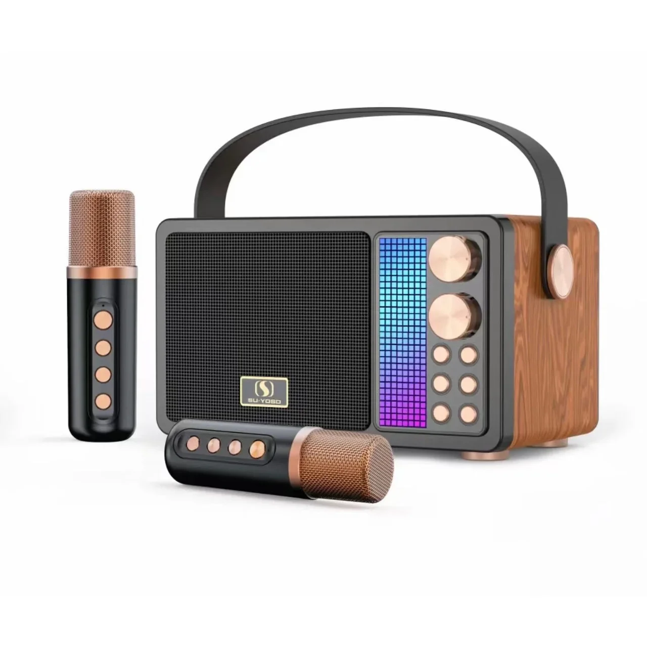

Retro Wireless Karaoke Bluetooth Speaker With Duel Mic Support USB TF Card Voice Changing Function Family Party KTV Subwoofer
