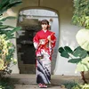 Women's Japanese Furisode Kimono Traditional Yukata Red Color Crane Prints Photography Long Dress Cosplay Costume