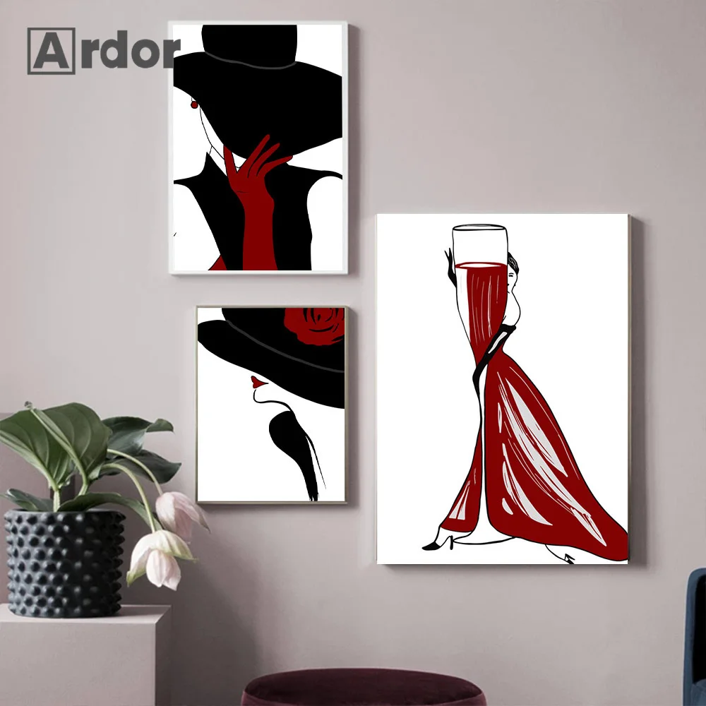 Fashion Sexy Girl Poster Woman Red Hat Print Modern Canvas Painting Lady Lipstick Pictures Bedroom Home Wall Art Bathroom Decor