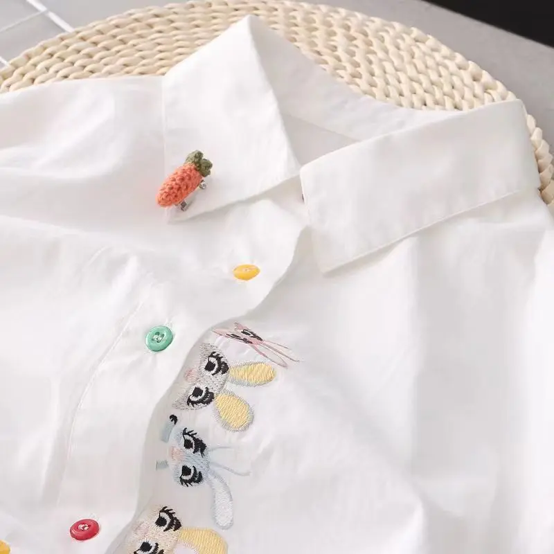 Women Spring Autumn Style Blouses Shirts Lady Casual Long Sleeve Turn-down Collar Cartoon Embroidery Blusas Tops DF4996