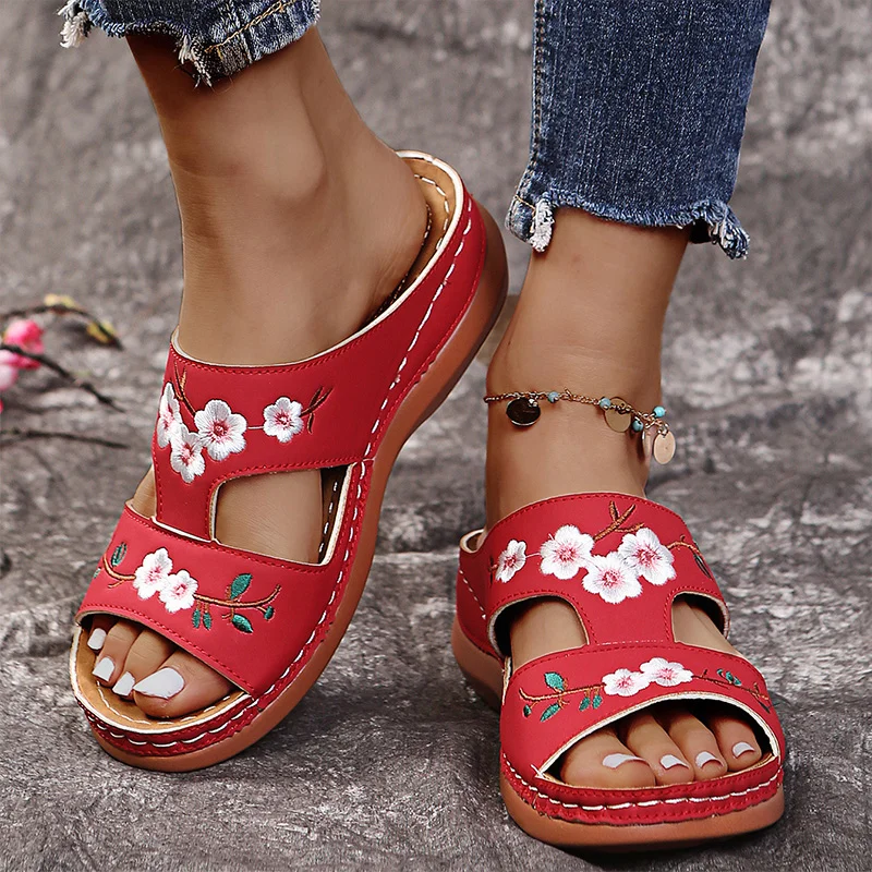 Summer Sandals Shoes Women Peep Toe Shoes Woman Floral Sandals Woman Comfortable Female Slippers Retro Zapatillas Mujer
